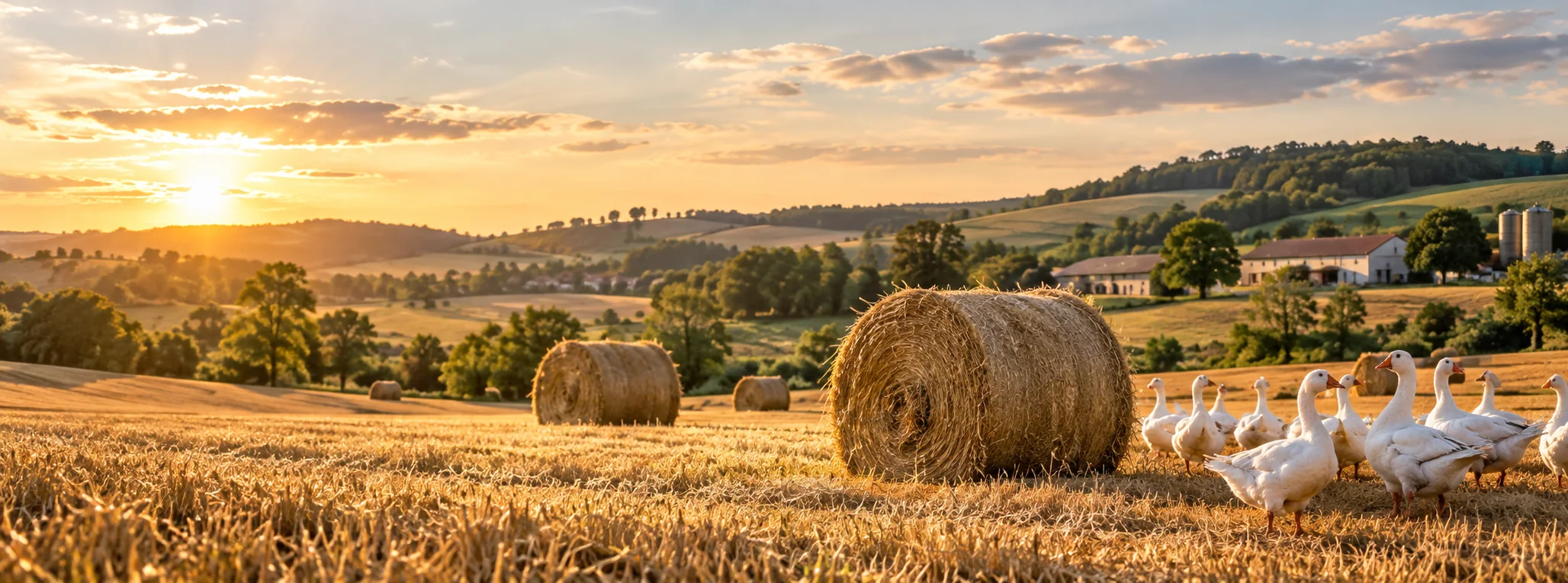 Farma Halenkovice – balíky sena na poli a husy